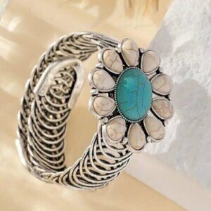 White Sunflower Turquoise Bangle Western Native American Bracelet